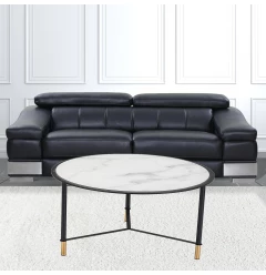 Set of Two 32" White And Black Glass Faux Marble And Steel Round Bunching Coffee Tables