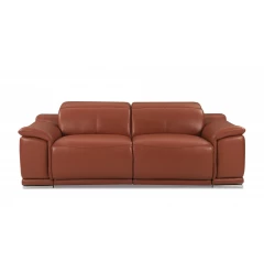 camel silver Italian leather USB sofa with brown wood accents and comfortable studio couch design