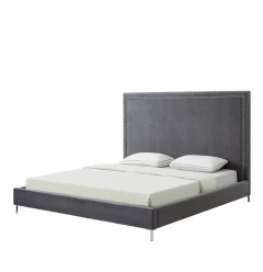 Gray Solid Wood King Upholstered Velvet Bed with Nailhead Trim