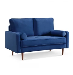 57" Blue And Dark Brown Velvet Loveseat and Toss Pillows