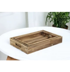 brown rectangular wood handmade tray with handles for tableware and serveware
