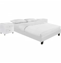 White Platform King Bed with Two Nightstands