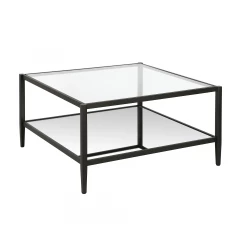32" Clear And Black Glass And Steel Square Coffee Table With Shelf