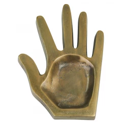 bronze hand metal trinket tray with wood and fashion accessory elements