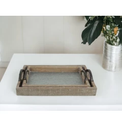 gray rectangular metal handmade tray with handles and houseplant