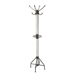 square white wood coat rack tree with metal poles and cross-shaped design