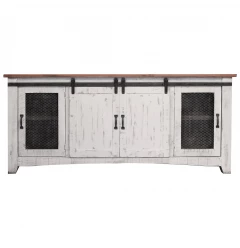 79" White Solid Wood Cabinet Enclosed Storage Distressed TV Stand