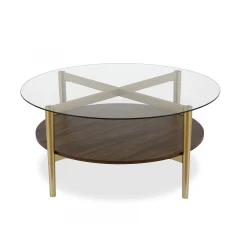 36" Gold Glass And Steel Round Coffee Table With Shelf