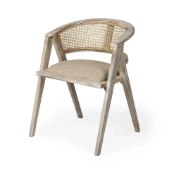 Beige And Gray Upholstered Linen Curved Back Dining Arm Chair