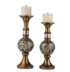 Set Of Two Silver and Brown Pillar Tabletop Pillar Candle Holders