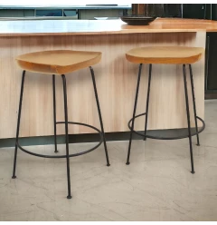 Set of Two 25" Natural And Black Steel Backless Counter Height Bar Chairs