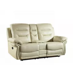 Leather manual reclining loveseat with storage and comfortable armrests in a studio setting
