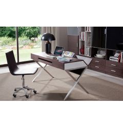 30" Brown Oak And Grey Veneer And Stainless Steel Office Desk