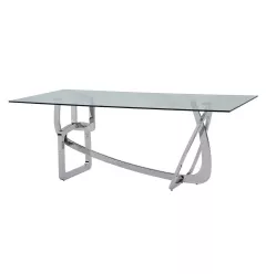 79" Clear And Silver Glass And Stainless Steel Dining Table