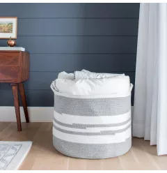 Gray white woven rope basket for home storage and decor