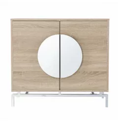 Mirrored circle double door bar cabinet with wood stain and hardwood details