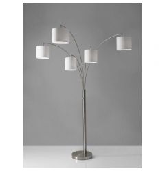 FIVE LIGHT FLOOR LAMP ARC ARMS AND PETITE WHITE DRUM SHADES