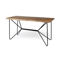 Medium Brown Live Edge Acacia Wood Finish Office Desk With Black Matte Butterfly Wing Shaped Base