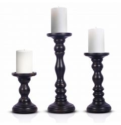Set Of Three Matte Black Genuine Wood Hand Carved Pillar Candle Holders