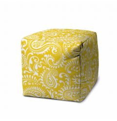 17" Yellow 100% Polyester Cube Paisley Indoor Outdoor Pouf Ottoman