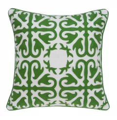 White accent pillow cover with poly insert featuring aqua patterns and circle designs