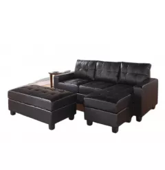 Black Faux Leather Stationary L Shaped Three Piece Sofa And Chaise