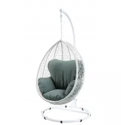 38" White Metal Swing Chair With Green Cushion