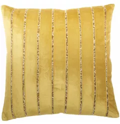 Gold accent throw pillow with beaded details and beige pattern textile design