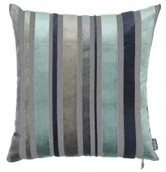 Blue variegated stripe decorative pillow covers with aqua and grey patterned textile design
