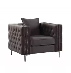 Gray silver velvet tufted chesterfield chair with hardwood armrests in a comfortable rectangle design