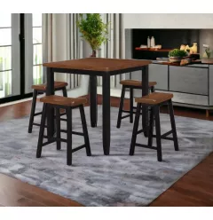 Five Piece Oak and Black Square Solid Wood Dining Set with Four Chairs