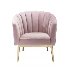 Pink copper velvet tufted barrel chair with wood armrests and magenta comfort rectangle design