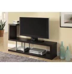 hollow core silver metal tv stand with shelving and houseplants in modern interior design