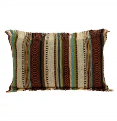 Bohemian fringe throw pillow with intricate patterns and textile texture
