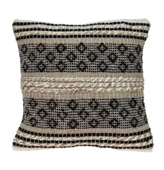 Black geometric pattern cotton blend throw pillow on white background