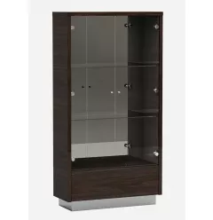 Dark brown display stand with shelves drawers and glass cupboard for stylish storage