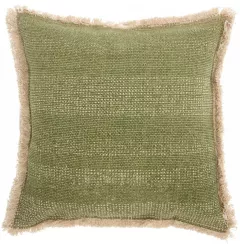 Deep green fringed throw pillow with woven fabric pattern