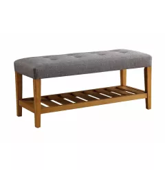 40" Gray and Brown Upholstered Linen Blend Bench with Shelves