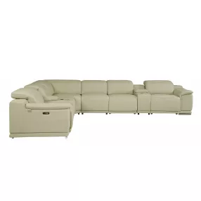 Beige Italian Leather Power Reclining U Shaped Eight Piece Corner Sectional With Console