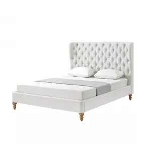 Cream Solid Wood Queen Tufted Upholstered Linen Bed