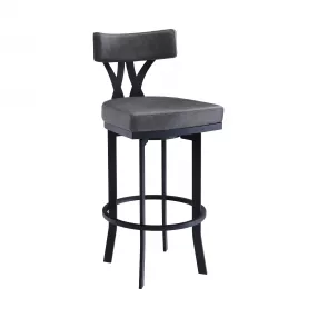 26" Gray And Black Faux Leather And Iron Low Back Counter Height Bar Chair