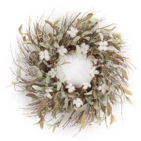 28" Green and White Artificial Cotton Wreath