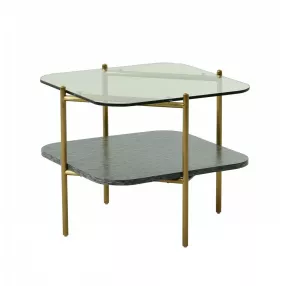 20" Gold And Clear Glass And Metal Square End Table With Shelf