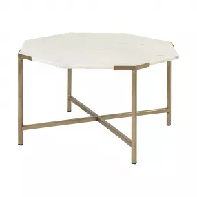33" White And Gold Genuine Marble And Metal Hexagon Coffee Table