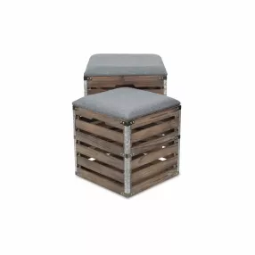 Set Of 2 Square Gray Linen Fabric And Wood Slats Storage Benches