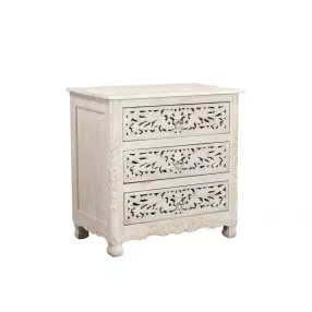 30" Distressed White Three Drawer Floral Carved Solid Wood Nightstand