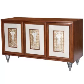 Leather capiz shell inlay sideboard with wood stain and shelving art detail