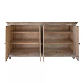 Sand solid manufactured wood distressed credenza with brown shelving and wood stain details