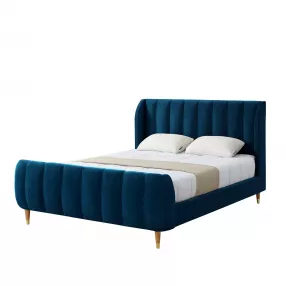 Navy Blue Solid Wood Queen Tufted Upholstered Velvet Bed