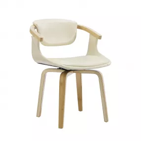 Off White And Natural Upholstered Faux Leather Dining Arm Chair